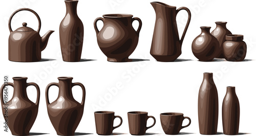 Glossy ceramic pottery set with teapot jugs cups bottles modern kitchen tableware collection realistic vector illustration design