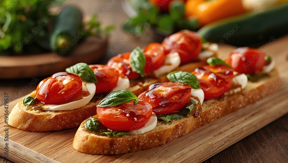 Fototapeta premium Fresh caprese bruschetta with tomato, basil, and cheese. Italian tapas featuring grilled ciabatta and baguette topped with vegetables, herbs, and oil. Sandwich.