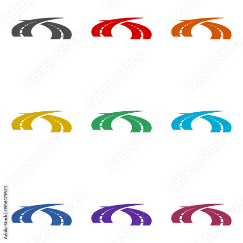 Curving Tarred Road Or Highway icon isolated on white background. Set icons colorful