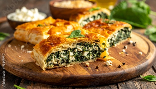 Knuspriger Börek mit Spinat und Feta, in Stücke geschnitten und rustikal auf einem Holzbrett angerichtet.