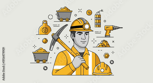 Illustrated depiction of a miner showcasing tools and equipment relevant to the mining industry