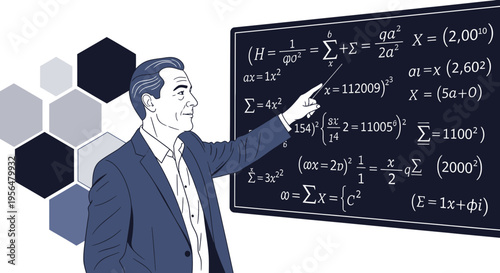 Illustrated mathematics professor teaching complex equations, educational illustration in vector