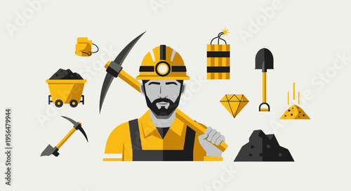 Illustrated Mining Concept with Miner, Tools, and Resources for Industry Visualization