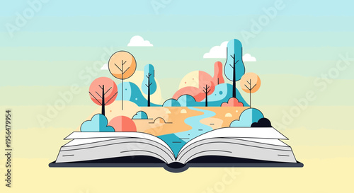 Illustrated open book reveals a dreamy landscape filled with trees and winding path creating a