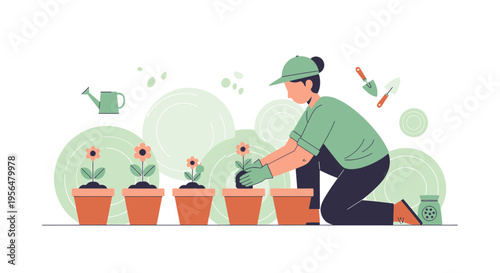 Illustrated woman gardening and planting flowers in pots, cultivating a beautiful botanical space