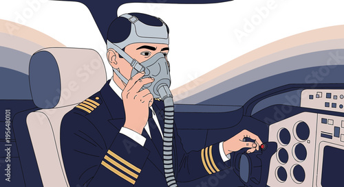 Illustration depicting a pilot wearing an oxygen mask inside the airplane cockpit during flight