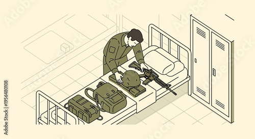 Illustration depicting a soldier preparing his gear on a bed in an army barracks setting
