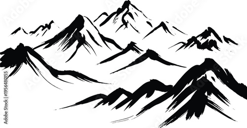 Black ink brush strokes depict a dramatic mountain range silhouette against a white background in traditional sumi-e style.