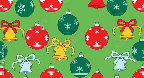 Colorful Christmas ornaments and bells on green background