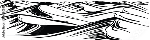 Stylized black and white illustration depicts an endless expanse of rolling desert sand dunes under a bright sky.