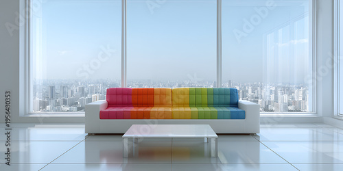 Modern interior featuring a rainbow-colored sofa and glass table in front of expansive windows overlooking a distant cityscape