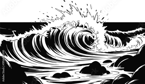 A large, powerful ocean wave crashes against dark, silhouetted rocks near the shore in a stark black and white drawing.