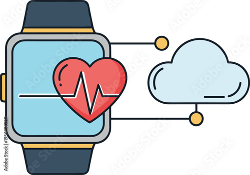 Wearable health smartwatch cloud heart monitor data sync app icon set telemed care
