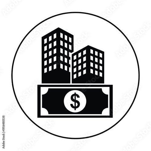 Financial district icon with buildings and dollar bill symbolizing real estate investment and wealth management