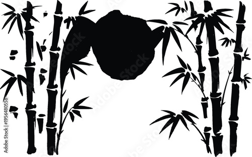 Black silhouette of a round object framed by tall bamboo stalks and leaves on a white background.