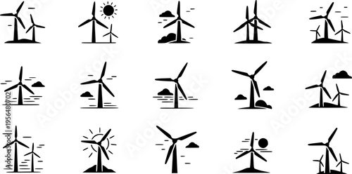 Wind Turbine Silhouette Vector Illustration Set, Renewable Energy, Clean Power Generation, Sustainable Future, Ecology, Eco-Friendly Technology, Simple Black Line Icon Graphic