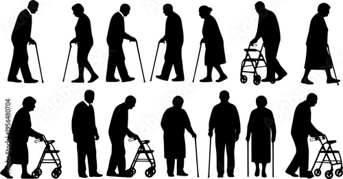 Elderly people silhouettes set, senior men and women walking with canes and walkers, black vector illustration for healthcare, aging, community design
