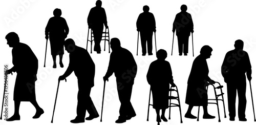 Elderly people silhouettes set, senior men and women walking with canes and walkers, black vector illustration for healthcare, aging, community design
