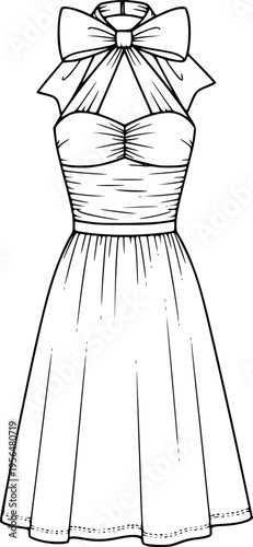 Vintage Halter Neck Dress with Ruched Bodice and A-Line Skirt, Large Bow Detail, Women's Fashion Flat Technical Drawing Vector
