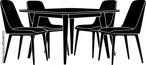 Dining table and chairs vector illustration, black restaurant furniture silhouette, modern cafe interior seating setup, minimal home dining design concept