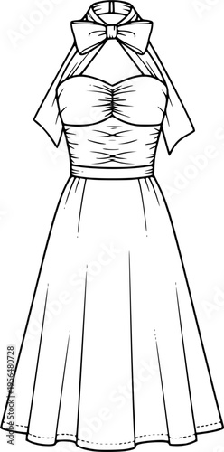 Vintage Halter Neck Dress with Ruched Bodice and A-Line Skirt, Large Bow Detail, Women's Fashion Flat Technical Drawing Vector
