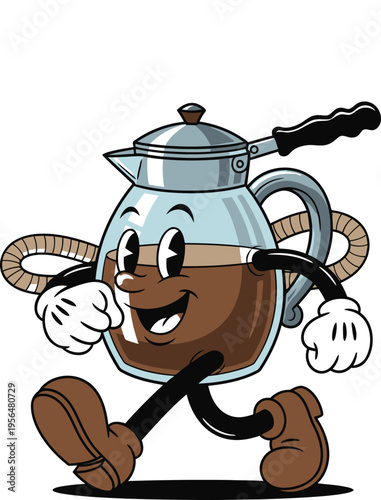 Cartoon coffee pot character walking and smiling happily with steam rising from the hot beverage in vintage style illustration
