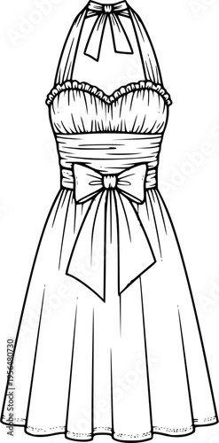 Vintage Halter Neck Dress with Ruched Bodice and A-Line Skirt, Large Bow Detail, Women's Fashion Flat Technical Drawing Vector
