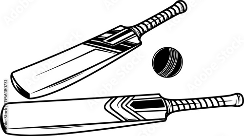 Cricket bat and ball vector illustration set, monochrome sports equipment collection, wooden bats outline design, classic cricket gear artwork
