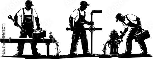 Silhouette vector illustration of plumbers repairing pipes, installing water lines, fixing hydrant leaks, professional maintenance workers with tools, ideal for