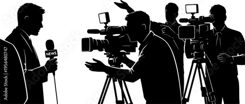 Silhouette vector illustration of news reporters and cameramen working together, broadcasting live television interview, media journalism concept, communication and press coverage scene