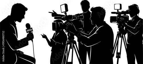 Silhouette vector illustration of news reporters and cameramen working together, broadcasting live television interview, media journalism concept, communication and press coverage scene