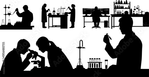 Silhouette vector illustration of scientists working in laboratory, researchers conducting experiments, analyzing samples, and using microscope for scientific research and innovation