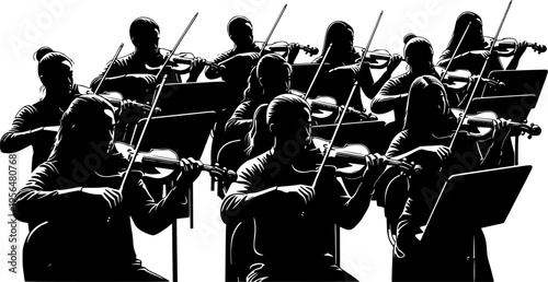 Silhouette vector illustration of musicians playing violins in orchestra performance, classical music concert group, string ensemble artwork for design and educational projects.