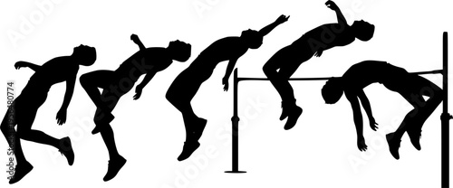 Silhouette vector illustration of male athlete performing high jump stages, professional sports training, track and field competition, strength, balance, fitness, and agility concept