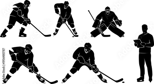 Silhouette vector illustration of ice hockey players in action, skating, shooting, goaltending and training poses, professional sports concept, black and white design