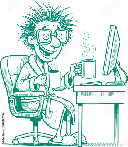 Disheveled man in bathrobe sitting at desk holding two steaming coffee mugs working on computer with messy hair and glasses