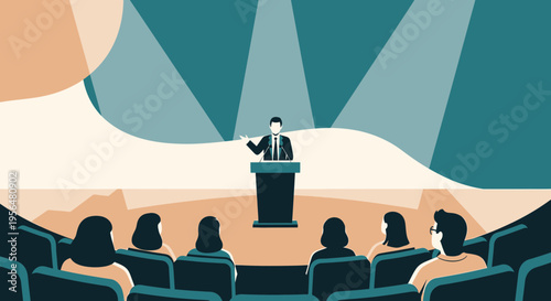 Illustration of a man giving a presentation to an audience in a theater conference with stage