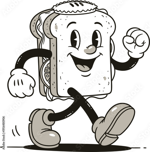 Retro sandwich mascot character walking in vintage rubber hose animation style with smiling face and gloved hands for snacks