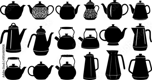 Set of teapot and kettle silhouettes in various styles, classic and modern tea vessels, kitchenware vector illustration isolated on white
