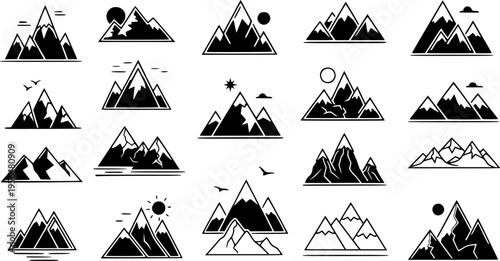 
Set of stylized mountain and snowy peak vector icons, black and white minimal style collection of outdoor adventure and travel symbols, geometric nature shapes