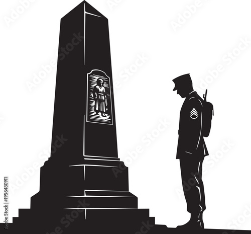 Soldier standing at memorial monument vector silhouette illustration line art