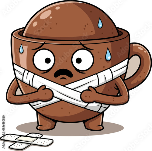 Sad cartoon coffee cup character with bandaged body and sweating face shows stressed expression on transparent background