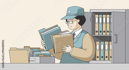 Illustration of a man wearing a hat and glasses holding file folders in an office environment