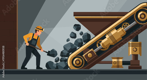 Illustration of a miner working in a mine extracting coal with a modern machine