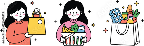 Young woman carrying grocery bag and shopping basket filled with fresh healthy food and organic products vector