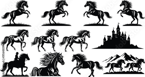 Black horse silhouette collection featuring rearing stallions, galloping mustangs, equestrian riders, mountain landscapes, and medieval castle fortress for logo design elements