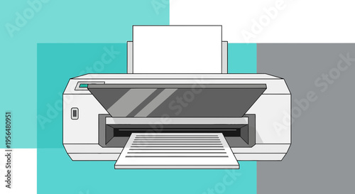 Illustration of a modern printer in operation with stylized background design