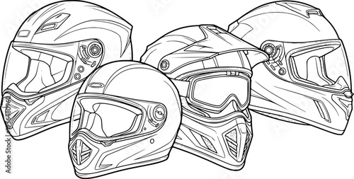 WebMotorcycle helmets line art illustration, detailed vector drawing of safety headgear for bikers, motor racing, adventure riding, and protection concept