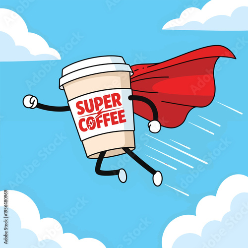 Super coffee cartoon character wearing red cape flying through blue sky with white clouds for energy boost and morning power