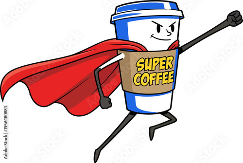 Super coffee cup hero character with red cape flying isolated on transparent background. Super coffee text on cup